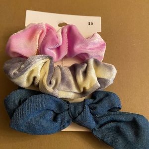 NWT six scrunchies various colors, various textures cotton velvet.